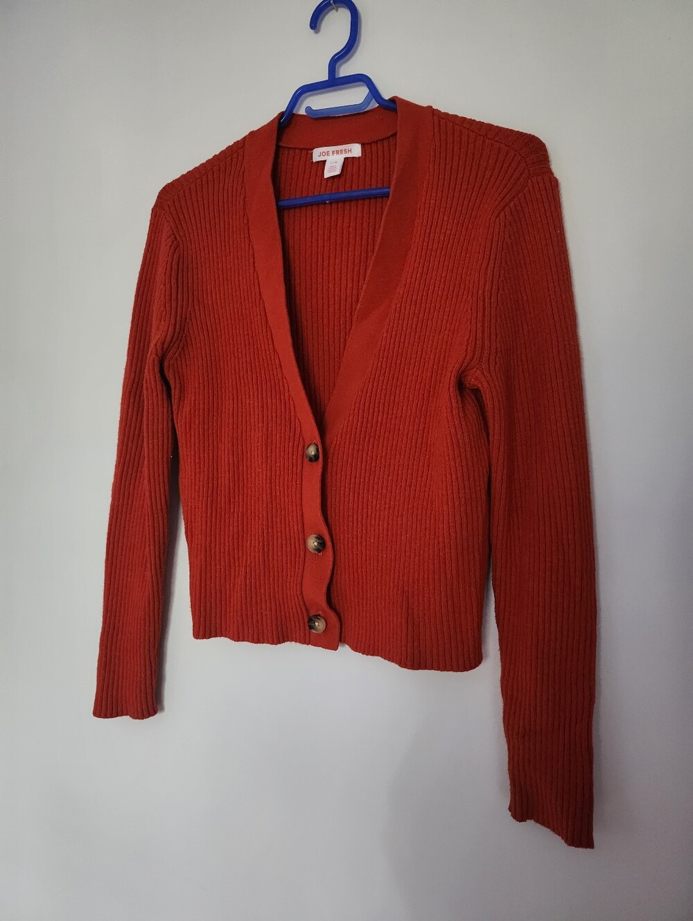 Joe Fresh Large Burnt Orange Ribbed Cardigan V Neck Tortoiseshell Buttons